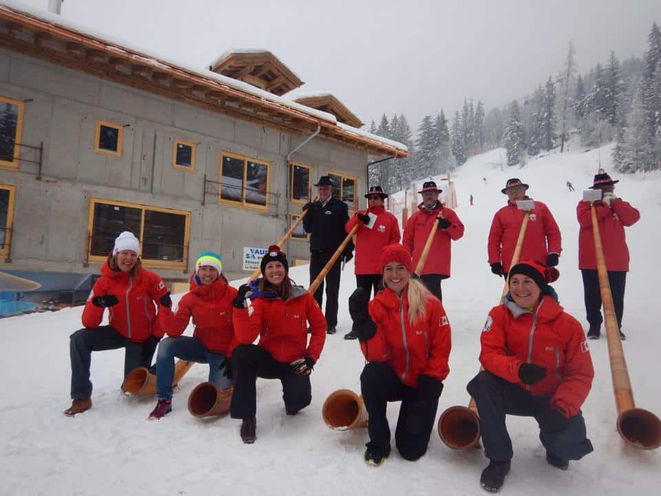 Mel Bernier pictured at far left with members of the Canadian team at the ISMF World Championships in Verbier, Switzerland. From left: Mel Bernier, Katarina Kuba, Michelle Roberts, Kylee Ohler, Martha Burley. Photo: Travis Brown