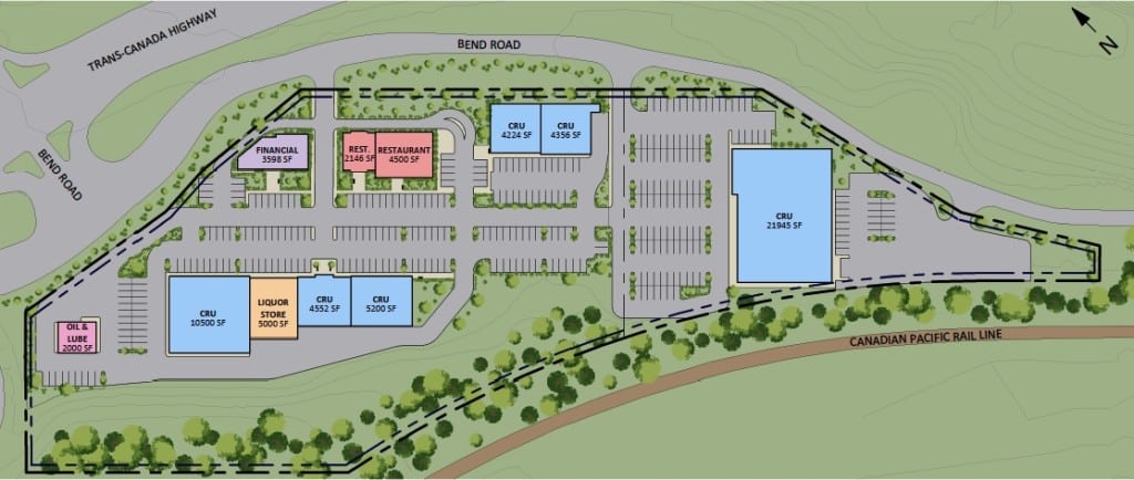 The strategic location of the Revelstoke Crossing complex would include a grocery store and pharmacy. Photo: Hall Pacific design plan