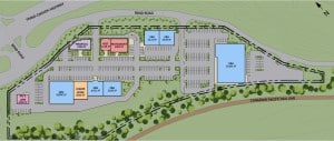 The strategic location of the Revelstoke Crossing complex would include a grocery store and pharmacy. Photo: Hall Pacific design plan.