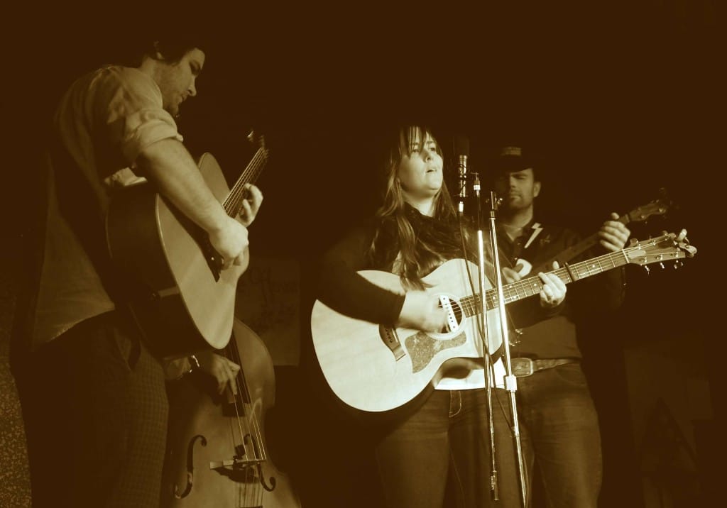 The Metro-Gnomes are Jacob Verburg (left), Stephanie Clifford (centre) and James Clark (at back on bass). They play folk, jazz and gypsy folk. Here, they perform at the Jan. 24 Revelstoke Coffee House and are joined by Denis Severino (right). Photo: Aaron Orlando/Revelstoke Mountaineer