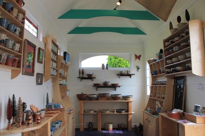 Inside the Jumping Creek Pottery tiny home sales studio. Photo: Kaitlan Murphy