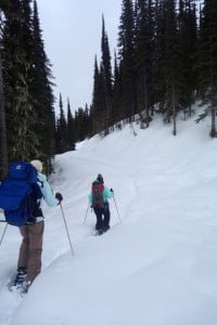 These mums hauling 20 pound packs show how it's done, breaking trail through deep snow. Photo: Emily Kemp/Revelstoke Mountaineer.