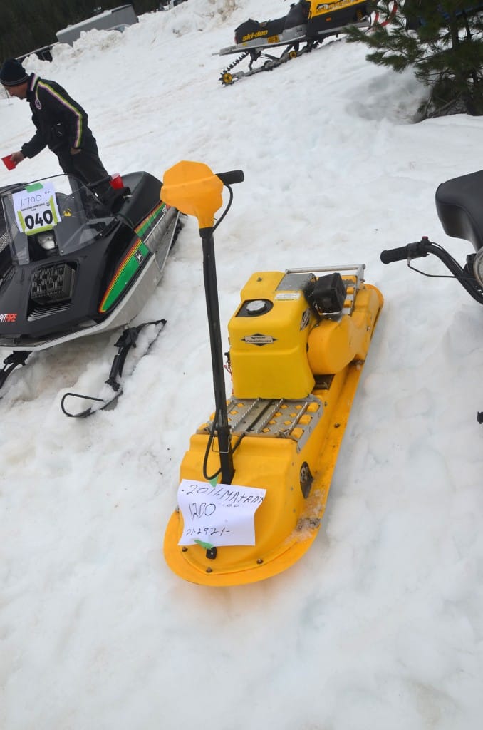 This is a motorized snowboard from yesteryear. If you squint, you can read the telephone number because it's for sale. Aaron Orlando/Revelstoke Mountaineer
