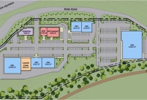 The strategic location of the Revelstoke Crossing shopping complex, which developers hope will include a grocery store and pharmacy. Photo: Hall Pacific design plan.