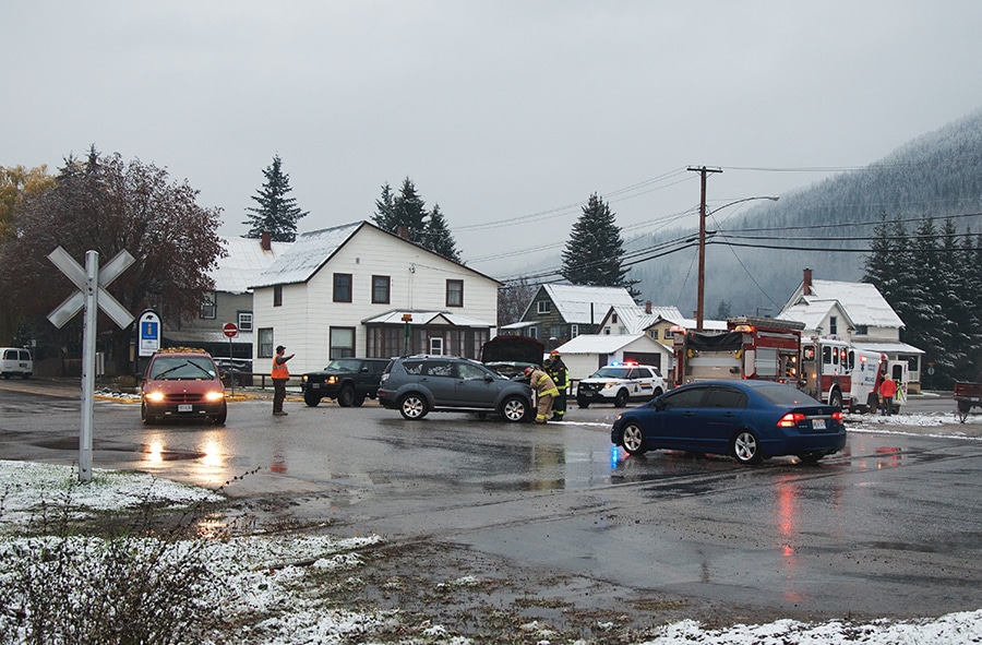 The Townley Road/Victoria Road/Fourth Street intersection is also up for study. Here, first responders deal with the aftermath of a two-vehicle collision on Saturday, Nov. 7. Photo: Aaron Orlando/Revelstoke Mountaineer