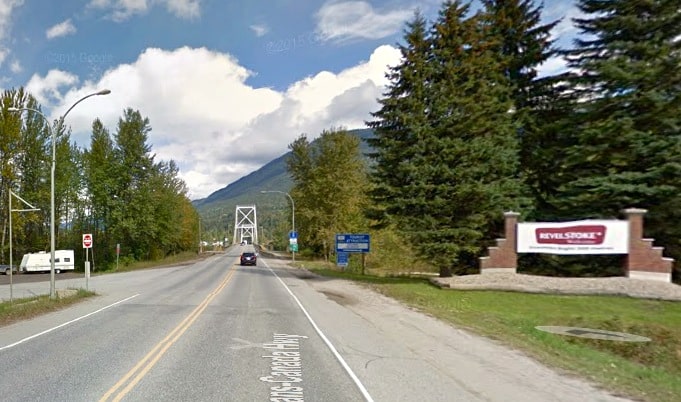 The entrance to Revelstoke could be lit up at night if the city goes ahead with an idea to install lights. Photo: Google Maps Street View