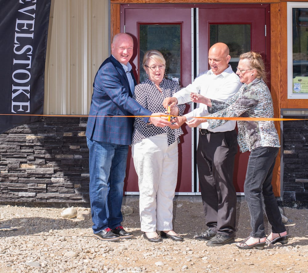 From left: Mayor Mark McKee, Fraser-Nicola MLA Jackie Tegart, Revelstoke Snowmobile Club president Daniel Kellie and CSRD Area B director Loni Parker at the opening April 19. Photo: Lyndsay Esson