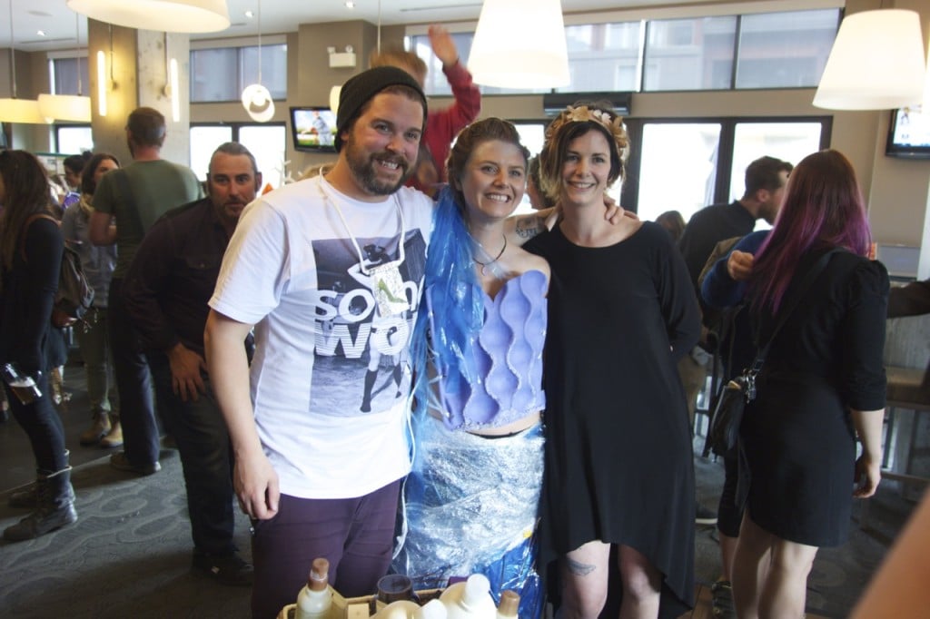 (from left) Society Snow & Skate owner and Trashion judge Karl Birch, Trashion entrant Tegan Dean, and Birch & Lace Hair Company owner Sara Sansom. Photo: Jake Philpott