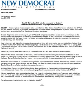 A screenshot of a May 20 media release from Columbia River–Revelstoke MLA Norm Macdonald.