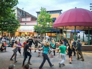 A larger than normal crowd at the nightly Revelstoke Street Fest in Grizzly Plaza is another sign of a booming 2016 summer tourism season in Revelstoke. Photo: Aaron Orlando/Revelstoke Mountaineer
