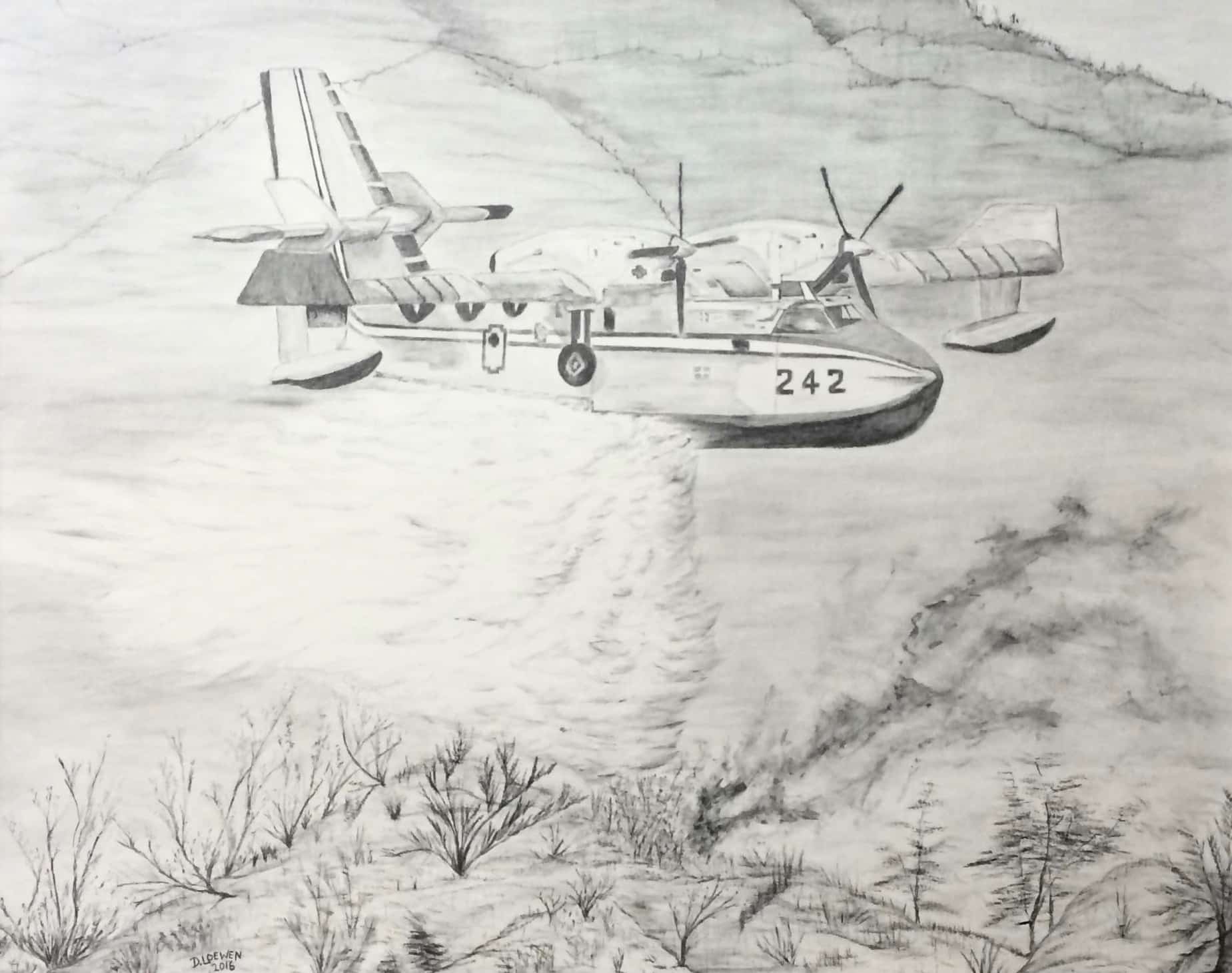 Debbie Loewen's Wings of Reprieve artwork which is graphite on board. Loewen was deeply moved by the Fort McMurray fires and chose to illustrate a water bomber fighting the fires.