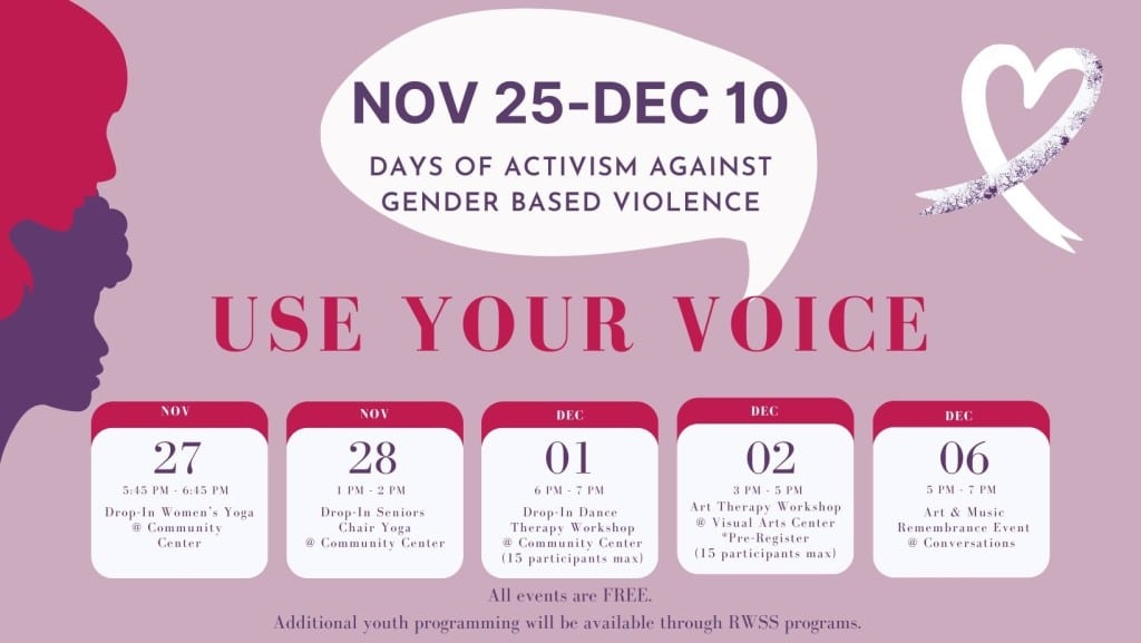 A banner outlining a week of events hosted by Revelstoke Women’s Shelter Society. Events are listed at bottom of article.