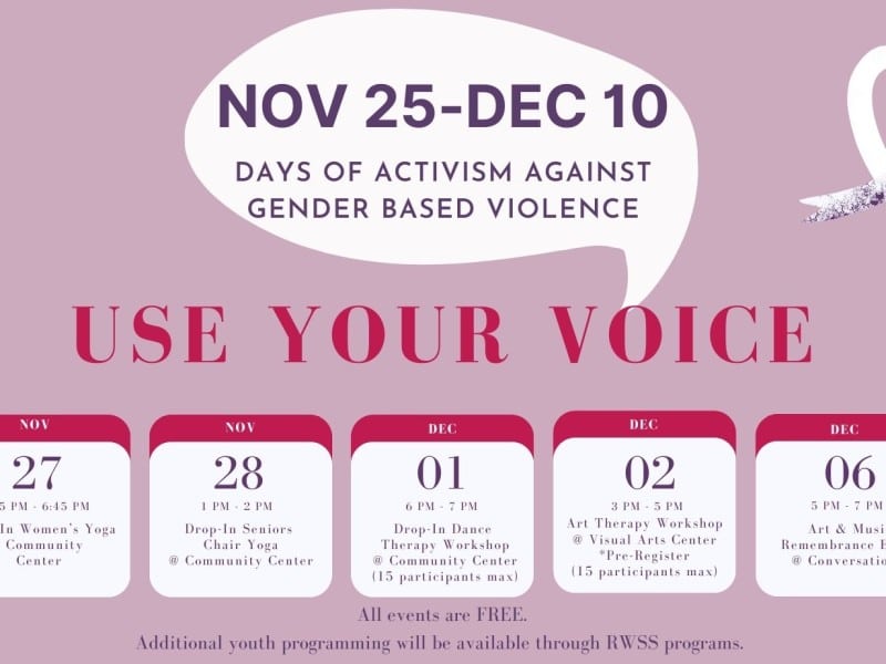 A banner outlining a week of events hosted by Revelstoke Women’s Shelter Society. Events are listed at bottom of article.