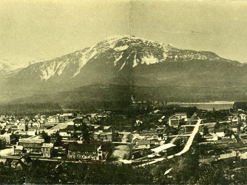 Revelstoke 1901 panorama photo in sepia tones