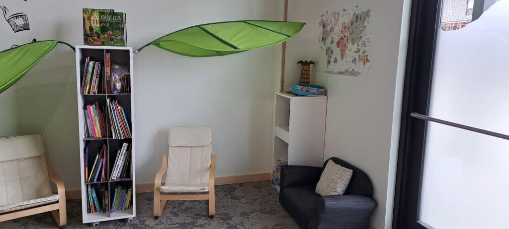 A reading nook on a carpeted floor with a small chair and couch for kids to sit in. There is a large bookshelf and then a smaller one on either wall.