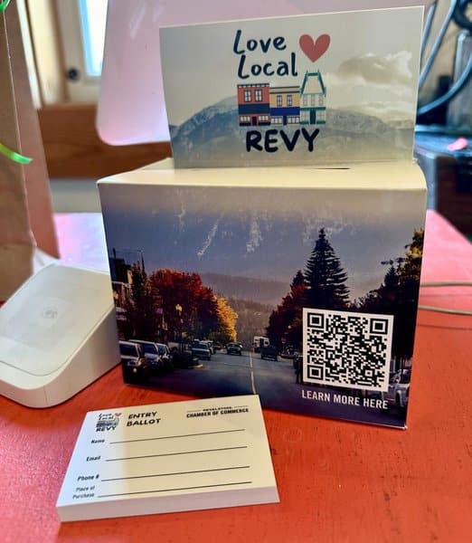 Love Local Revy ballot box and ballot slips on a red counter