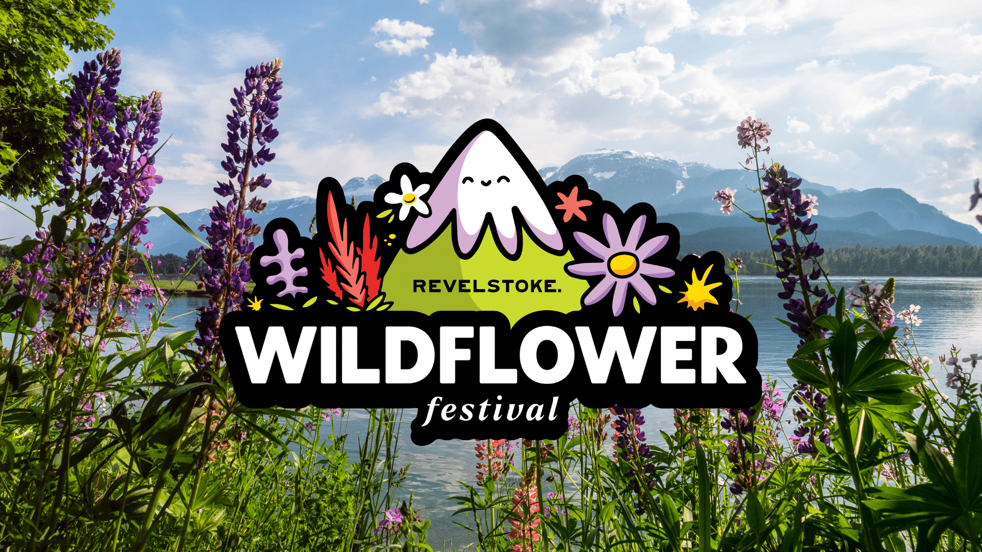 A cartoon logo of a mountain smiling and with flowers on either side overtop a photograph of a close up of alpine flowers. The logo says Revelstoke Wildflower Festival 2024