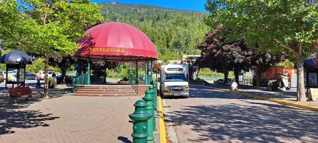 BC Transit HandyDart parked in front of Grizzly Plaza in Revelstoke.