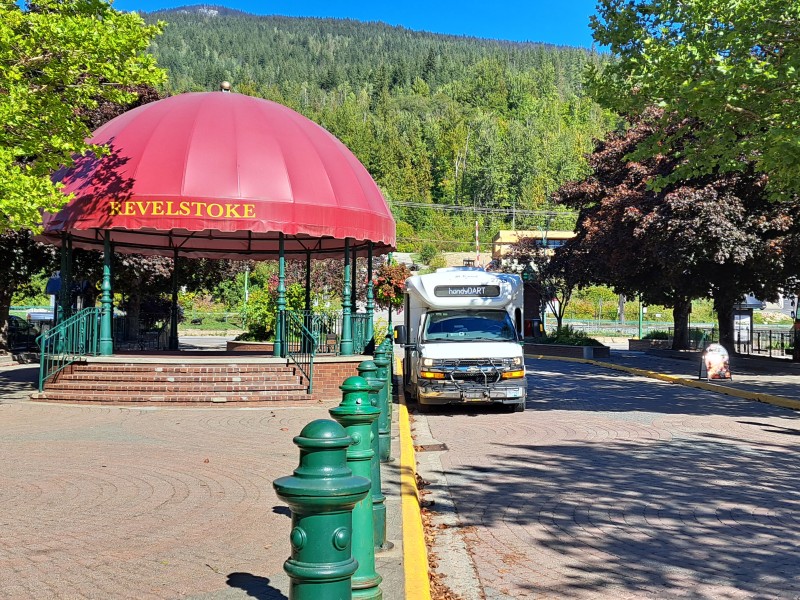 BC Transit HandyDart parked in front of Grizzly Plaza in Revelstoke.
